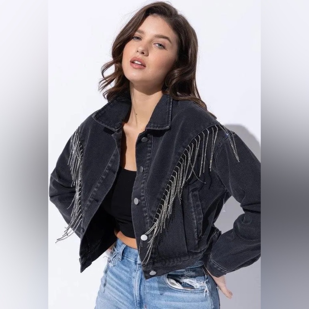 Rhinestone Fringe Crop Denim Jacket